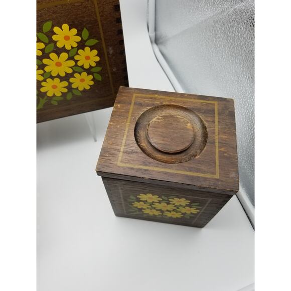 Imperial Hand Carved HardWood Canisters Yellow Flowers Japan Vintage Set nesting - Picture 5 of 16